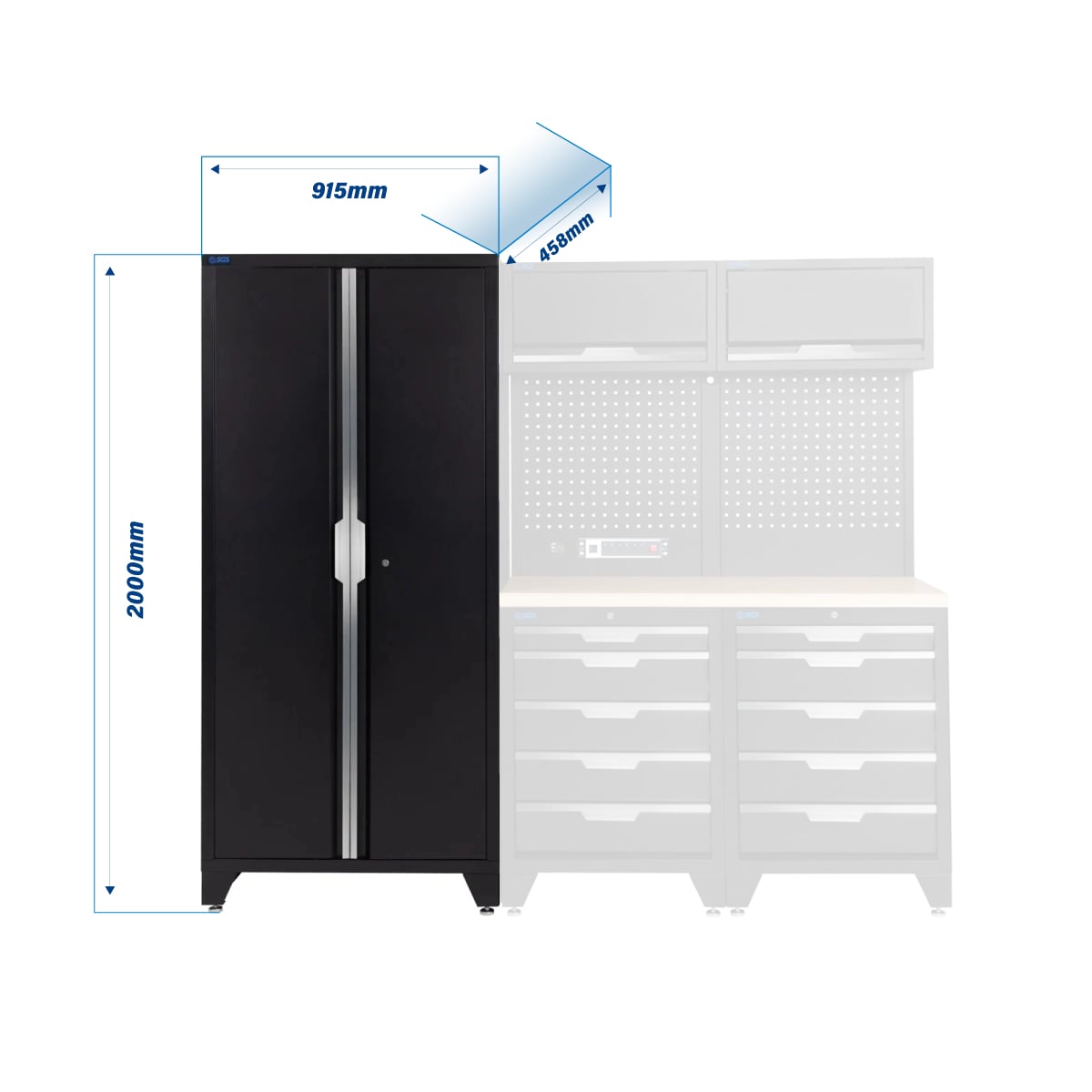 SGS 7pc Garage Storage System | 10 Drawers | Pressed Wood Worktop | 2x Upper Cabinets | Tall Double Cabinet | Pegboard with Power Strip